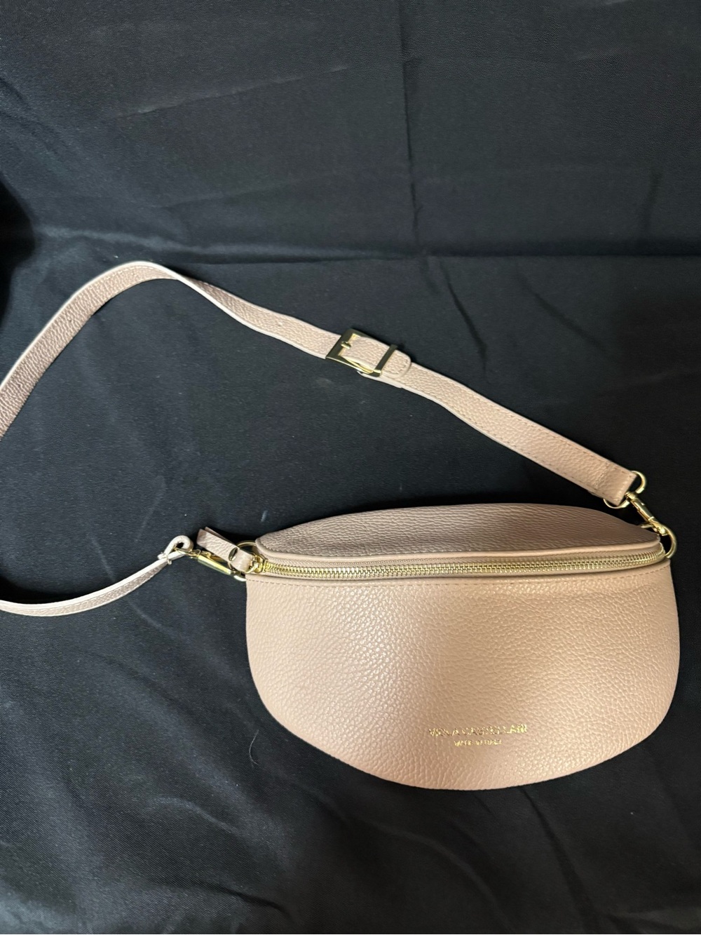 Pebbled Blush Leather Crossbody Belt Bag with Gold Hardware